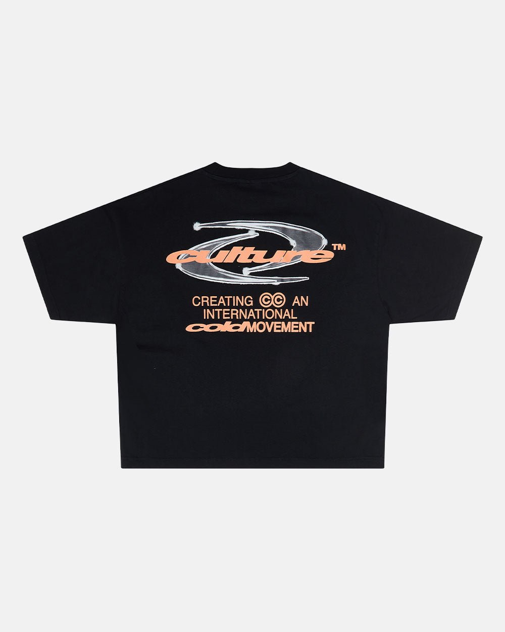 DYNAMIC TEE BLACK AND ORANGE - black graphic print tee, back view - Cold Culture #packshot