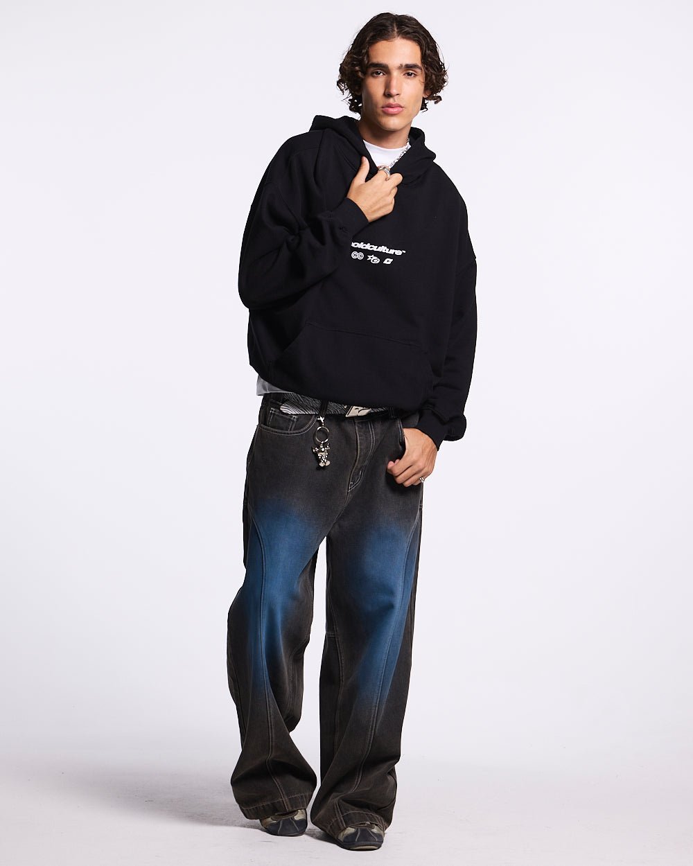 ELECTRIC SHINE HOODIE BLACK - black graphic print hoodie, front view on male model - Cold Culture #man