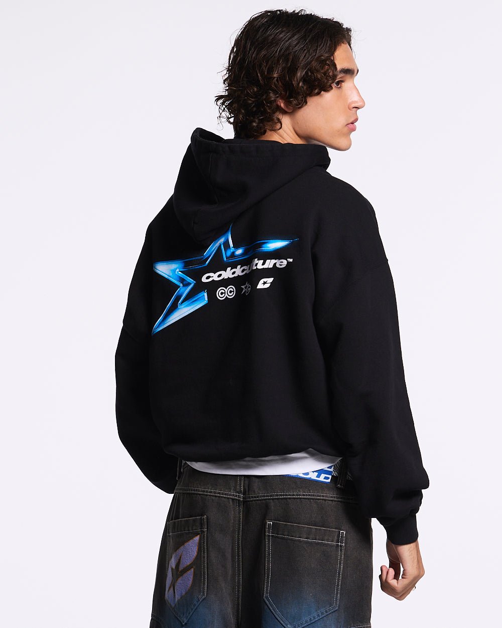 ELECTRIC SHINE HOODIE BLACK - black graphic print hoodie, back view on male model - Cold Culture #man