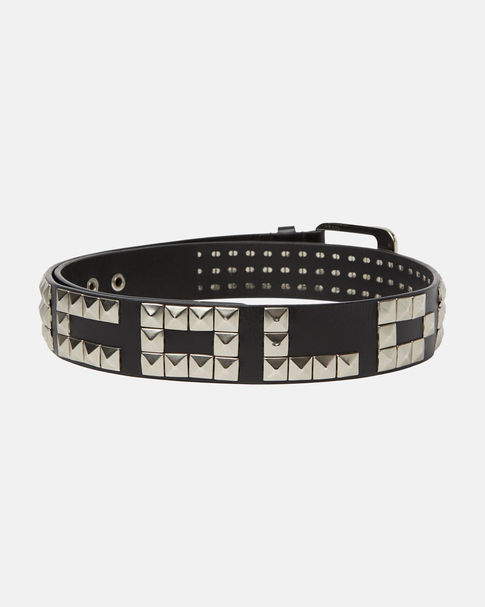 EMMO LEATHER BELT BLACK - black studded leather belt, front view - Cold Culture #packshot