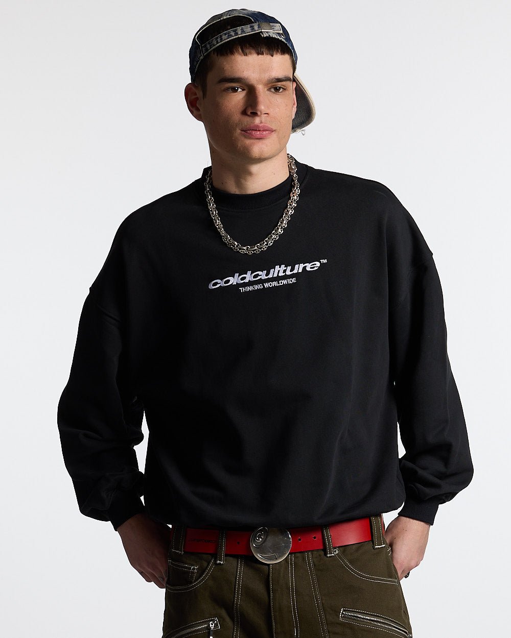 ESSENTIAL CREWNECK BLACK - black oversized crewneck sweatshirt, front view on male model - Cold Culture #man