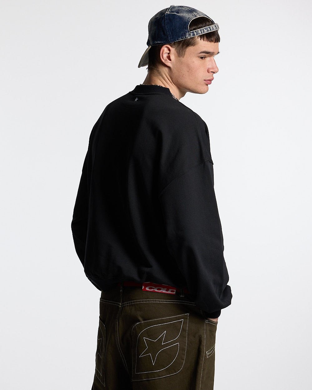 ESSENTIAL CREWNECK BLACK - black oversized crewneck sweatshirt, back view on male model - Cold Culture #man