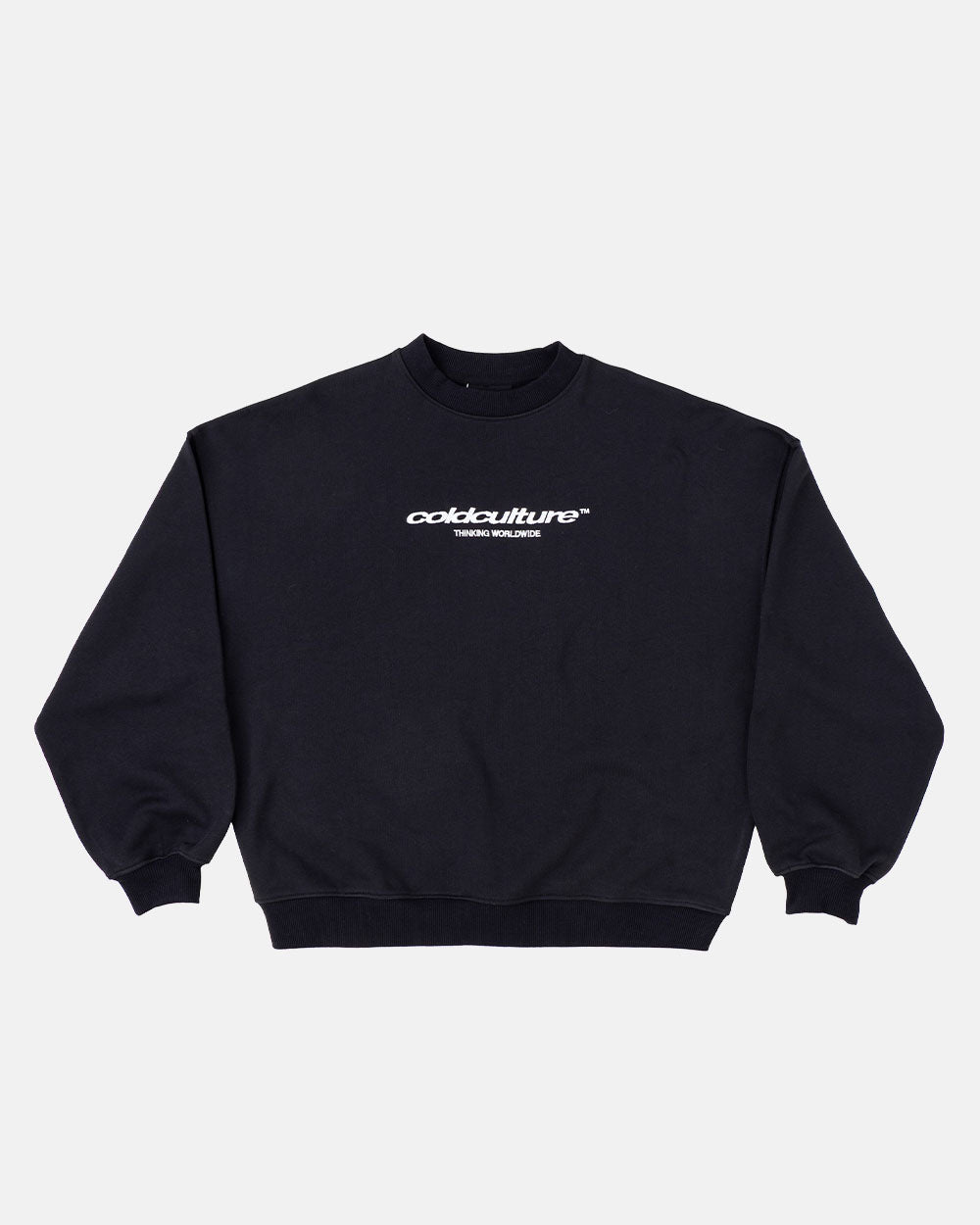 ESSENTIAL CREWNECK BLACK - black oversized crewneck sweatshirt, front view - Cold Culture #packshot