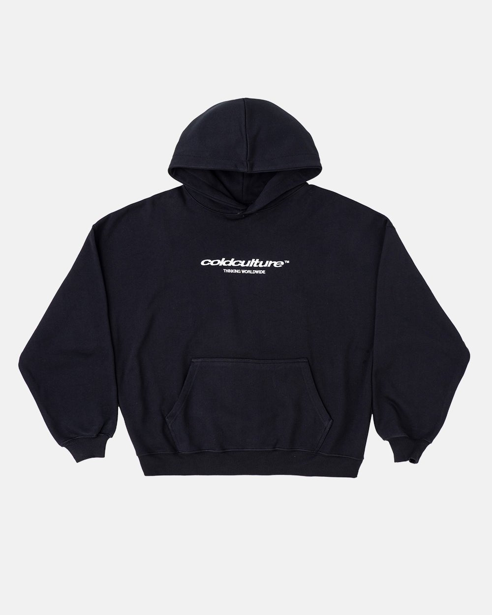 ESSENTIAL HOODIE BLACK - black oversized hoodie, front view - Cold Culture #packshot