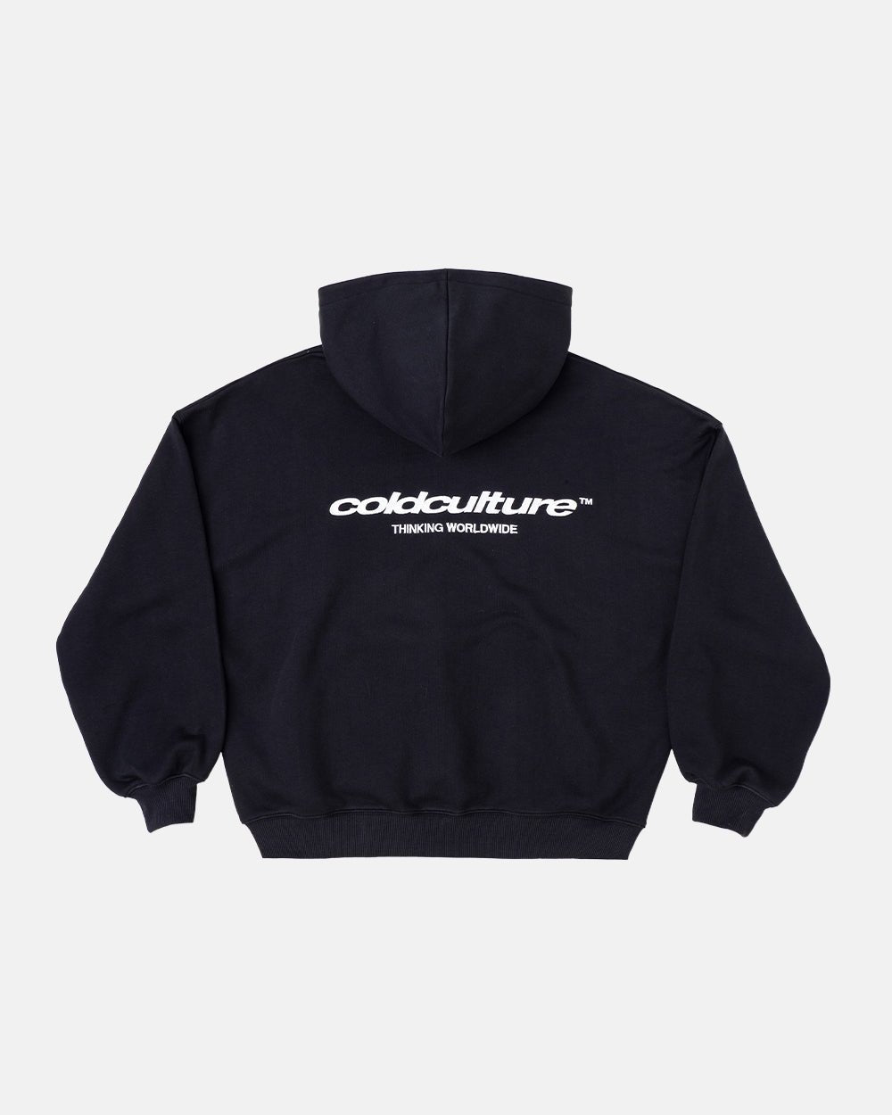 ESSENTIAL ZIP HOODIE BLACK - black zip-up hoodie, back view - Cold Culture #packshot