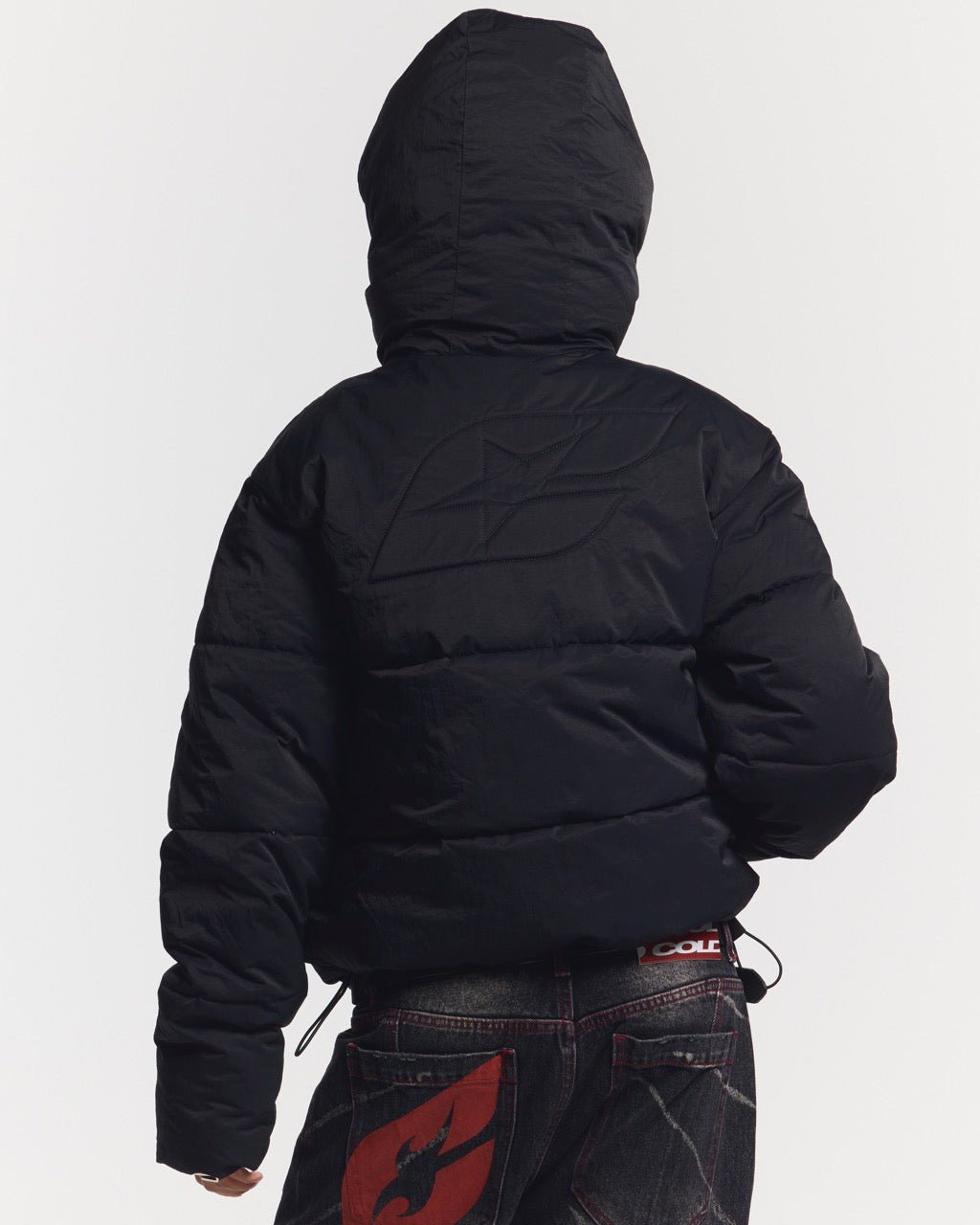 EVERYDAY PUFFER BLACK - black hooded puffer jacket, back view on female model - Cold Culture #woman