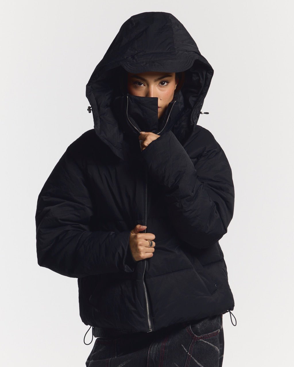 EVERYDAY PUFFER BLACK - black hooded puffer jacket, front view on female model - Cold Culture #woman