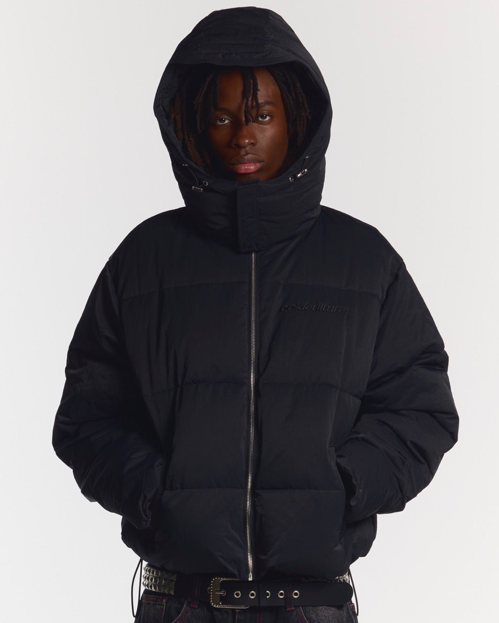 EVERYDAY PUFFER BLACK - black hooded puffer jacket, front view on male model - Cold Culture #man