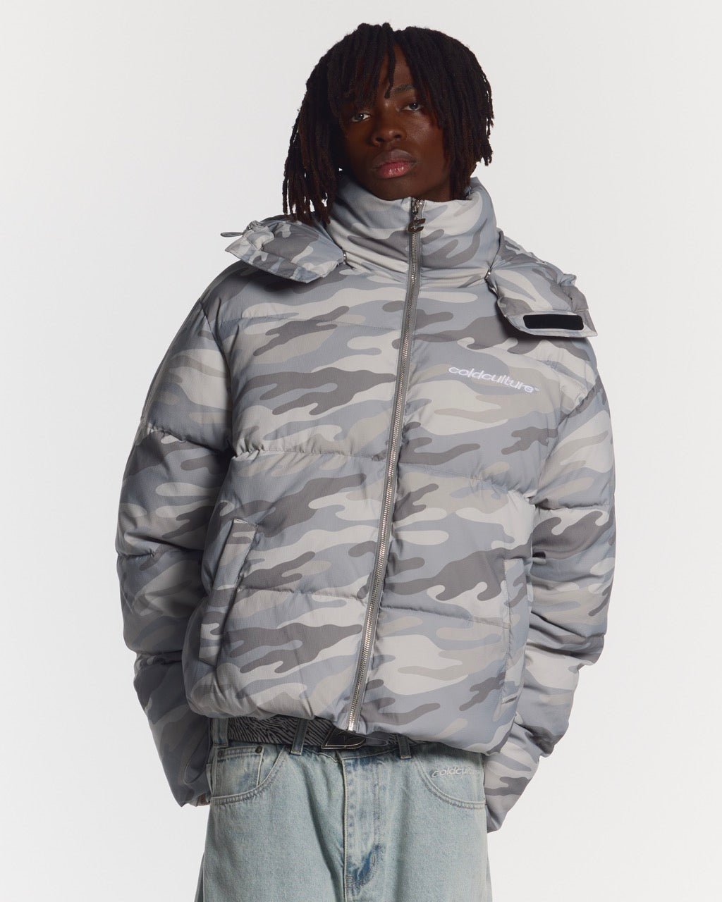EVERYDAY PUFFER GRAY CAMO - gray camo puffer jacket, front view on male model - Cold Culture #man