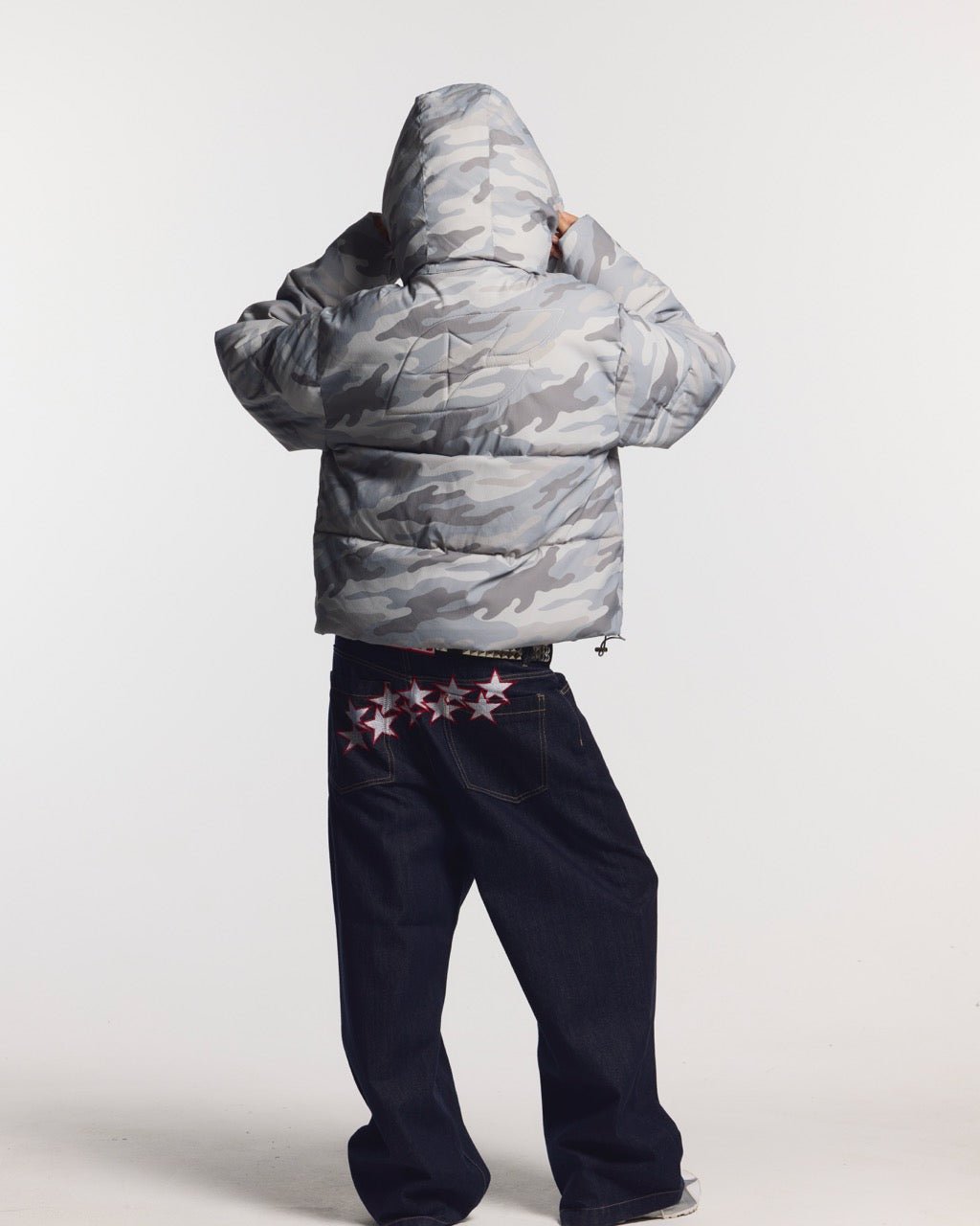 EVERYDAY PUFFER GRAY CAMO - gray camo puffer jacket, back view on female model - Cold Culture #woman