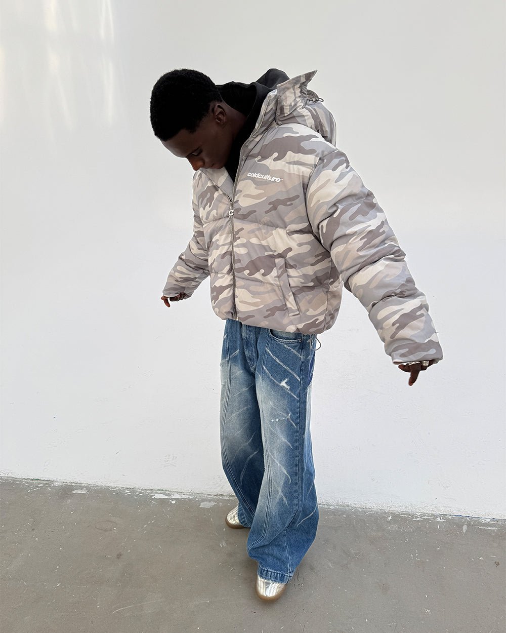 EVERYDAY PUFFER GRAY CAMO - gray camo puffer jacket, front view on male model - Cold Culture #man