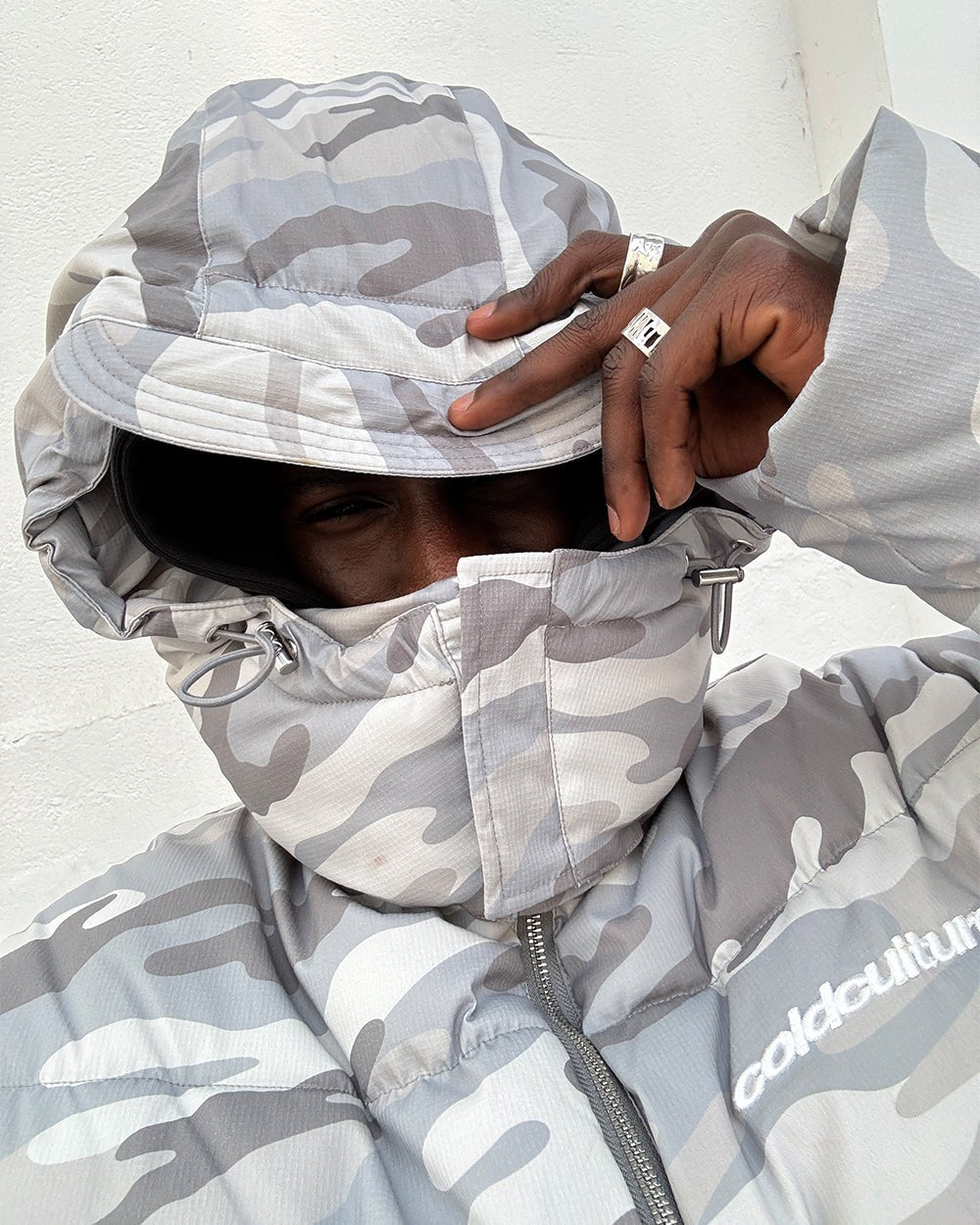 EVERYDAY PUFFER GRAY CAMO - gray camo puffer jacket, on model close-up - Cold Culture