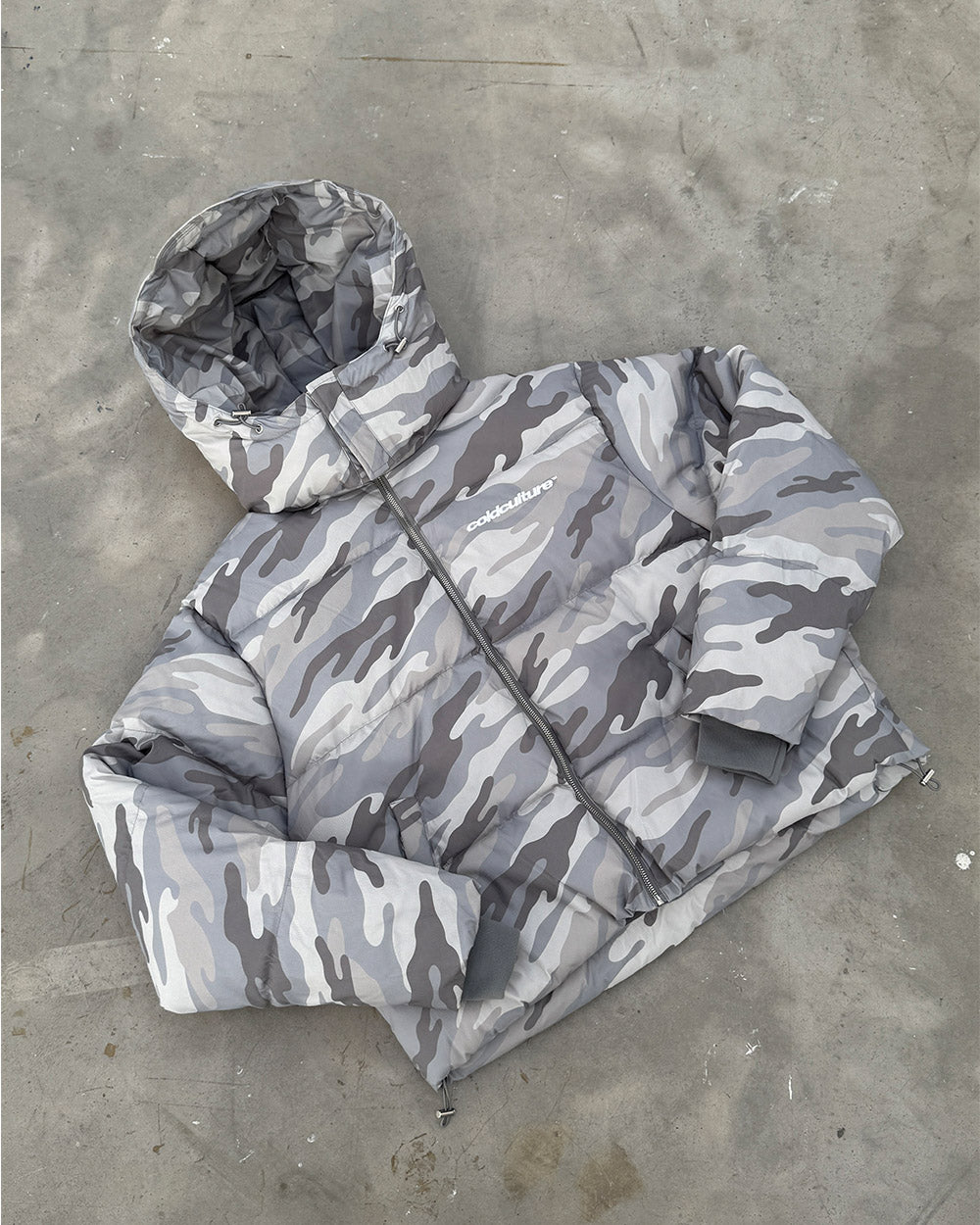 EVERYDAY PUFFER GRAY CAMO - gray camo puffer jacket, flat lay - Cold Culture