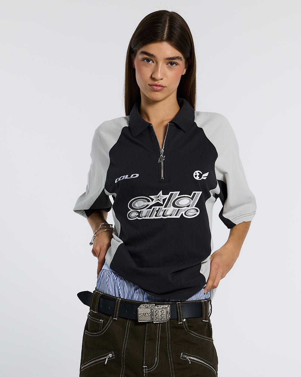 EXTREME POLO IRON GREY - grey two-tone zip polo shirt, front view on female model - Cold Culture #woman