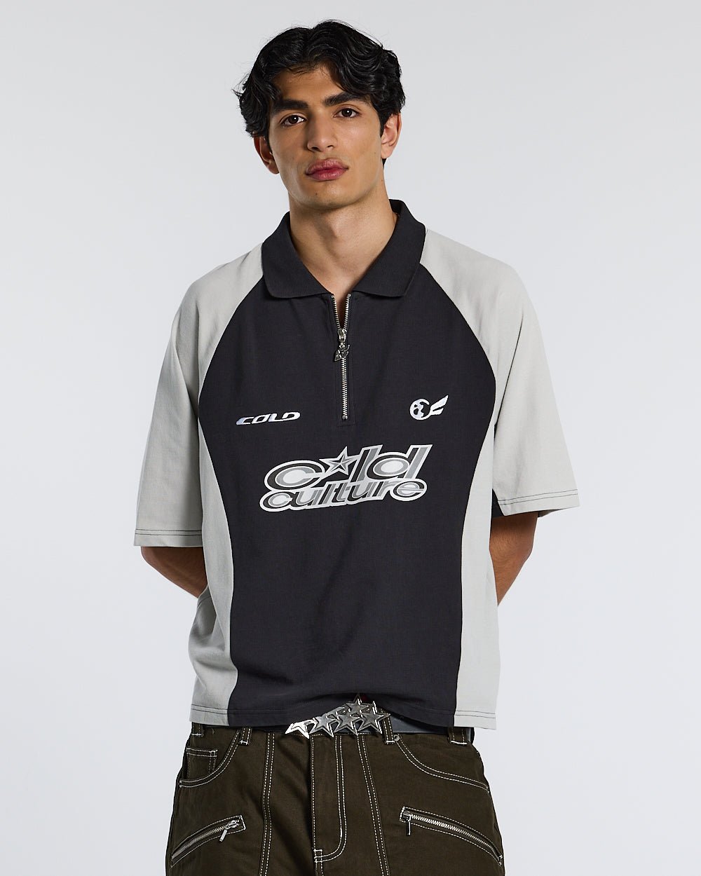 EXTREME POLO IRON GREY - grey two-tone zip polo shirt, front view on male model - Cold Culture #man