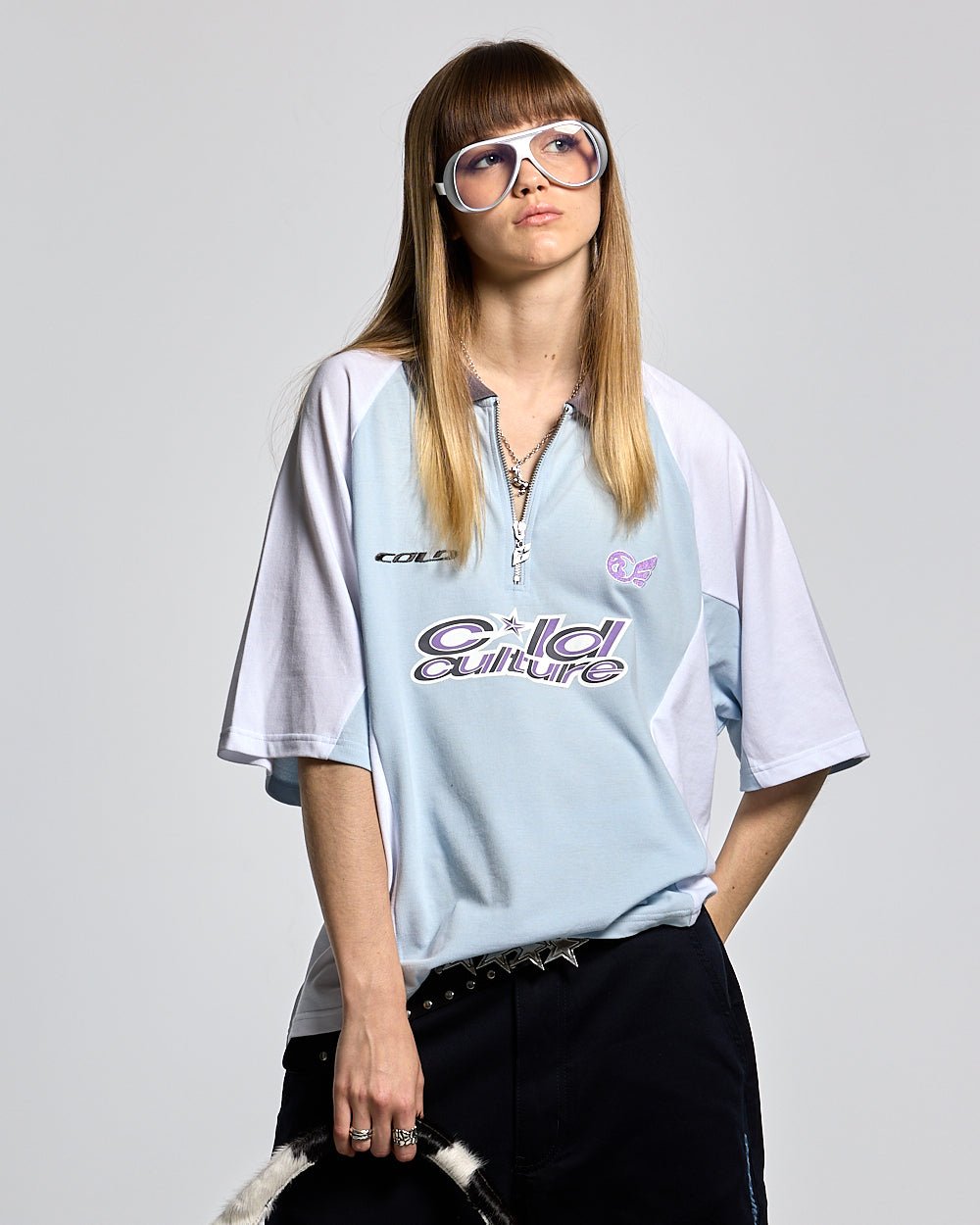 EXTREME POLO IRON LIGHT BLUE AND GREY - light blue and grey polo shirt, front view on female model - Cold Culture #woman
