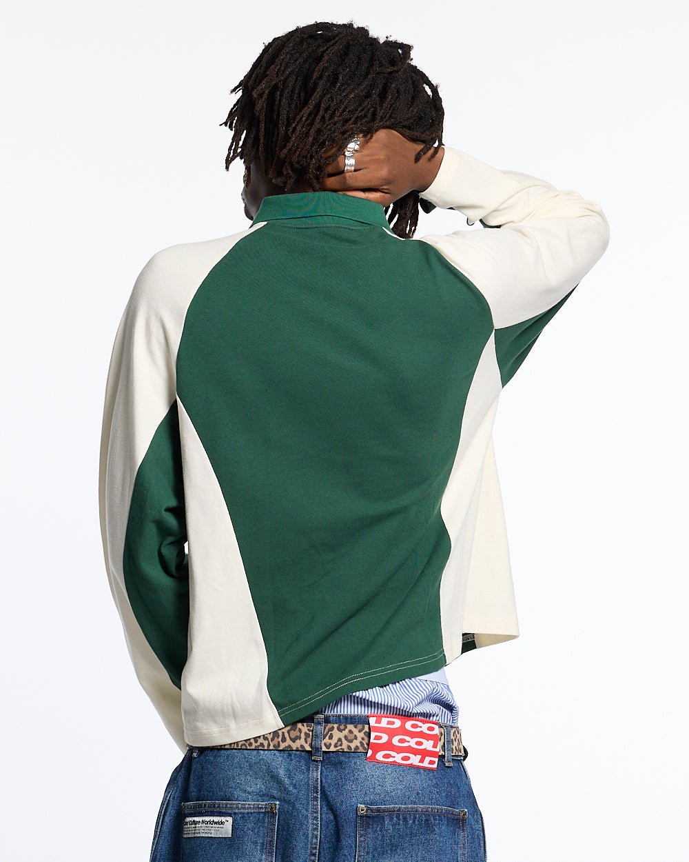 EXTREME POLO LONGSLEEVE GREEN AND BEIGE - green and beige longsleeve polo shirt, back view on male model - Cold Culture #man