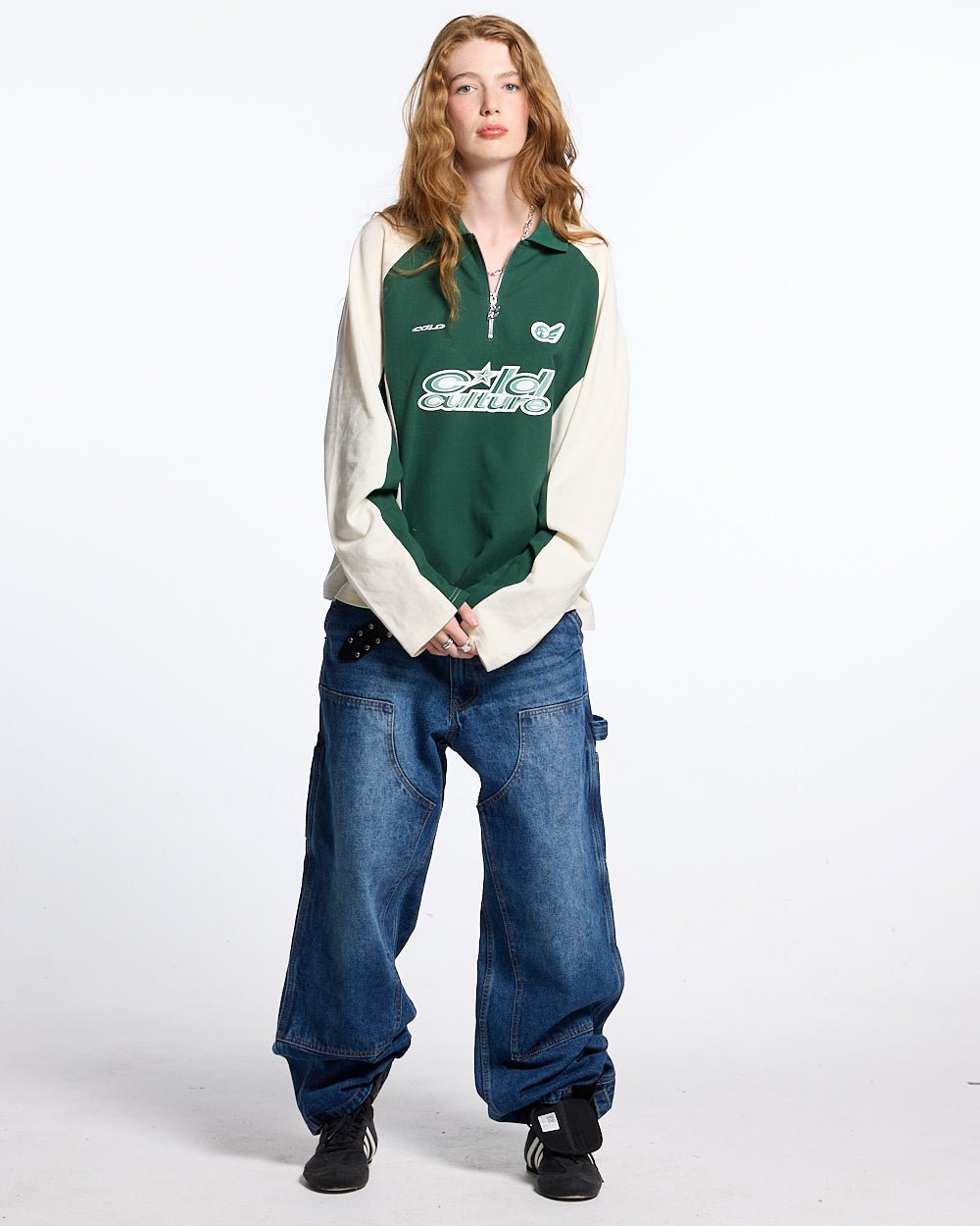 EXTREME POLO LONGSLEEVE GREEN AND BEIGE - green and beige longsleeve polo shirt, front view on female model - Cold Culture #woman