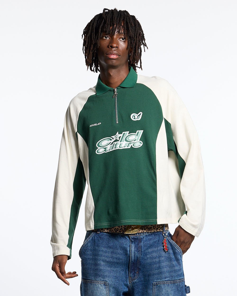 EXTREME POLO LONGSLEEVE GREEN AND BEIGE - green and beige longsleeve polo shirt, front view on male model - Cold Culture #man