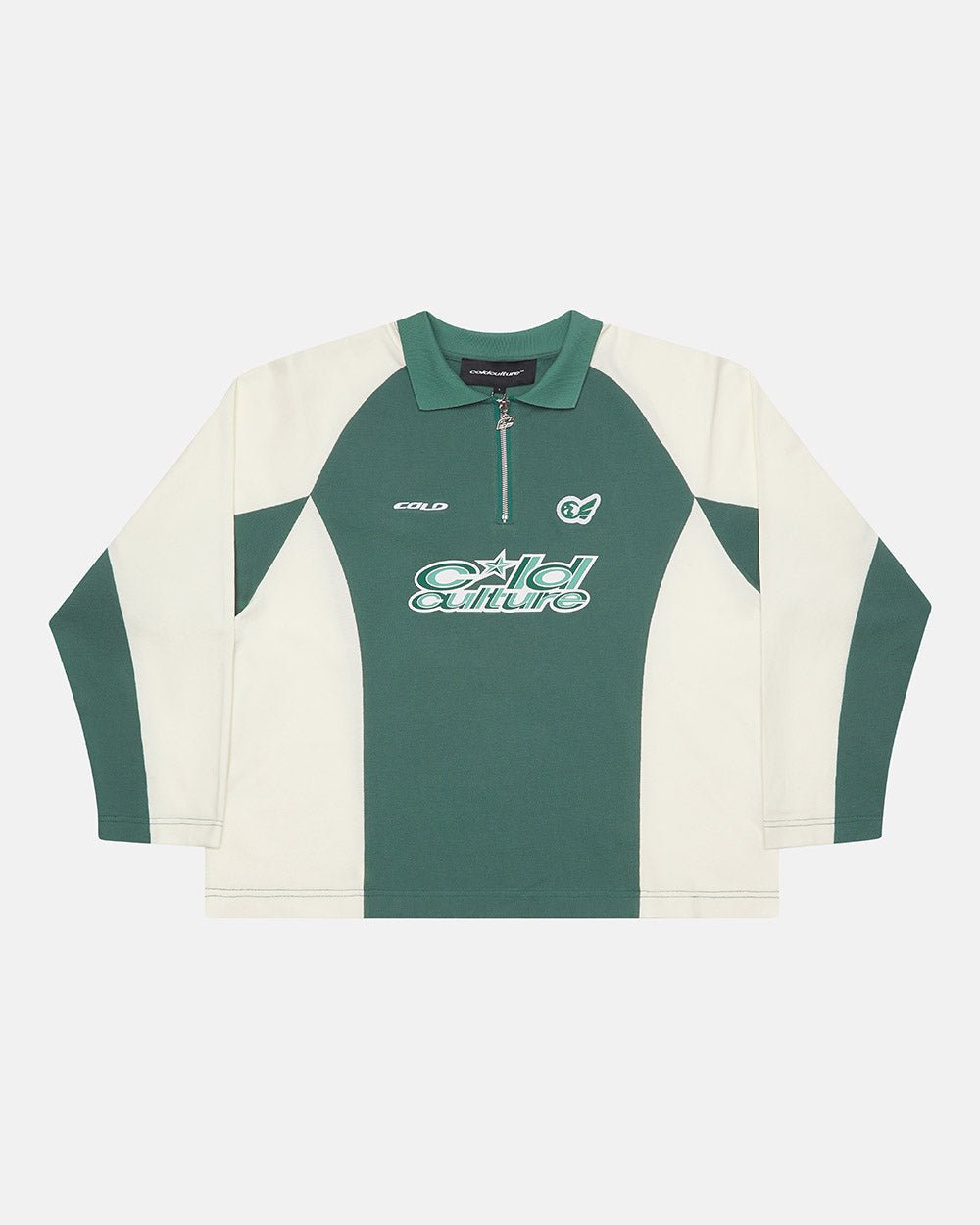 EXTREME POLO LONGSLEEVE GREEN AND BEIGE - green and beige longsleeve polo shirt, front view - Cold Culture #packshot