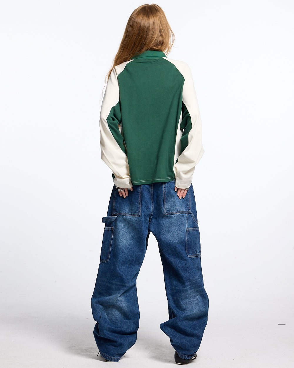 EXTREME POLO LONGSLEEVE GREEN AND BEIGE - green and beige longsleeve polo shirt, back view on female model - Cold Culture #woman