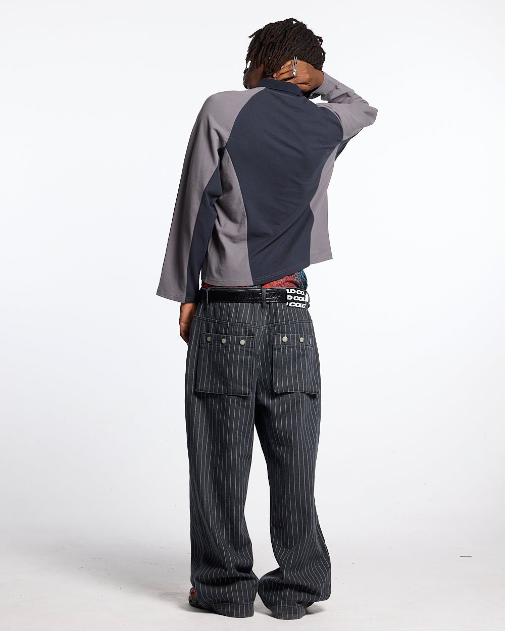 EXTREME POLO LONGSLEEVE GREY - grey and navy longsleeve polo shirt, back view on male model - Cold Culture #man