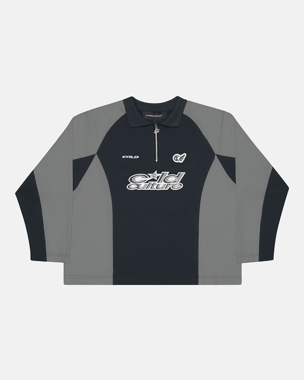 EXTREME POLO LONGSLEEVE GREY - grey and navy longsleeve polo shirt, front view - Cold Culture #packshot