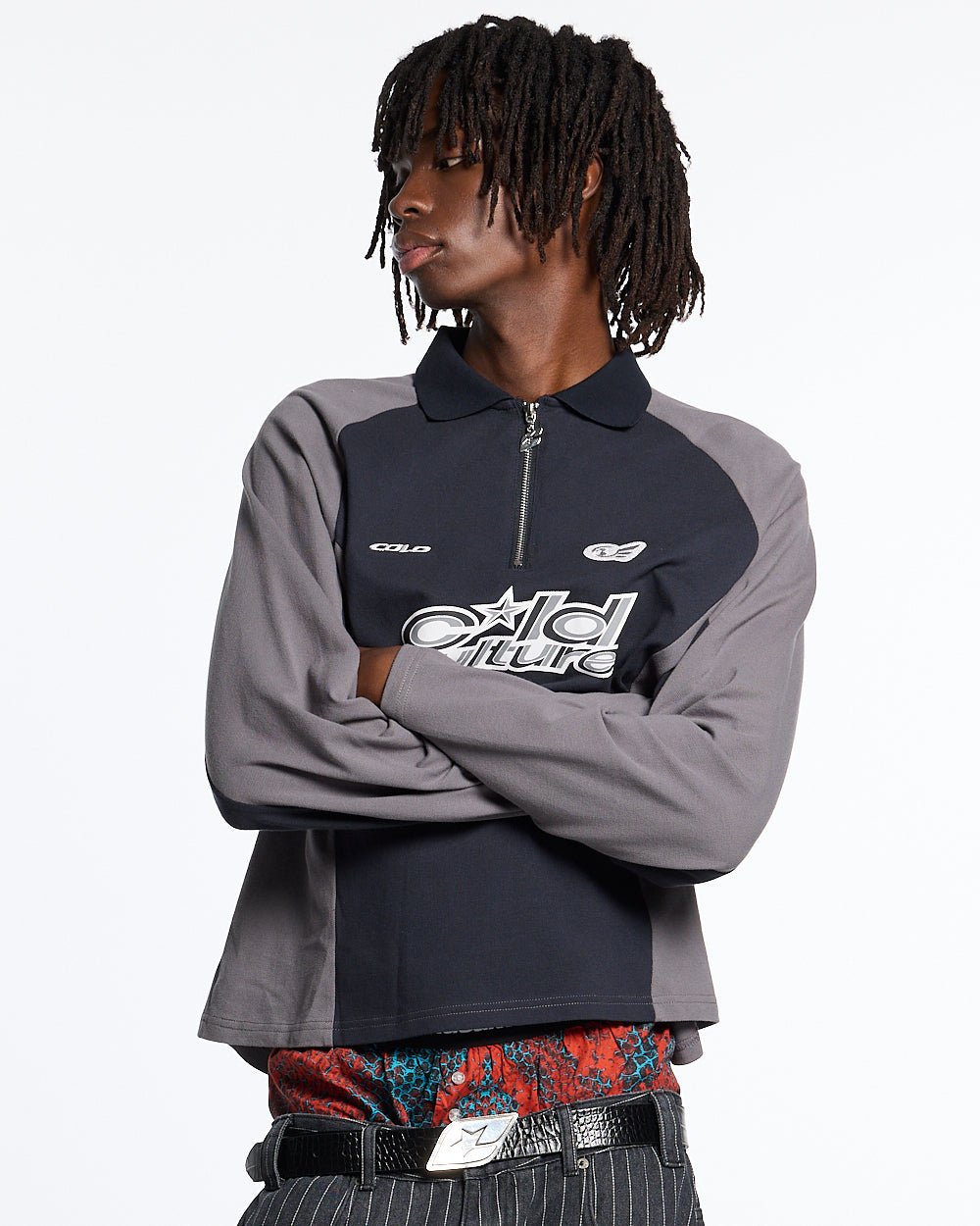 EXTREME POLO LONGSLEEVE GREY - grey and navy longsleeve polo shirt, front view on male model - Cold Culture #man