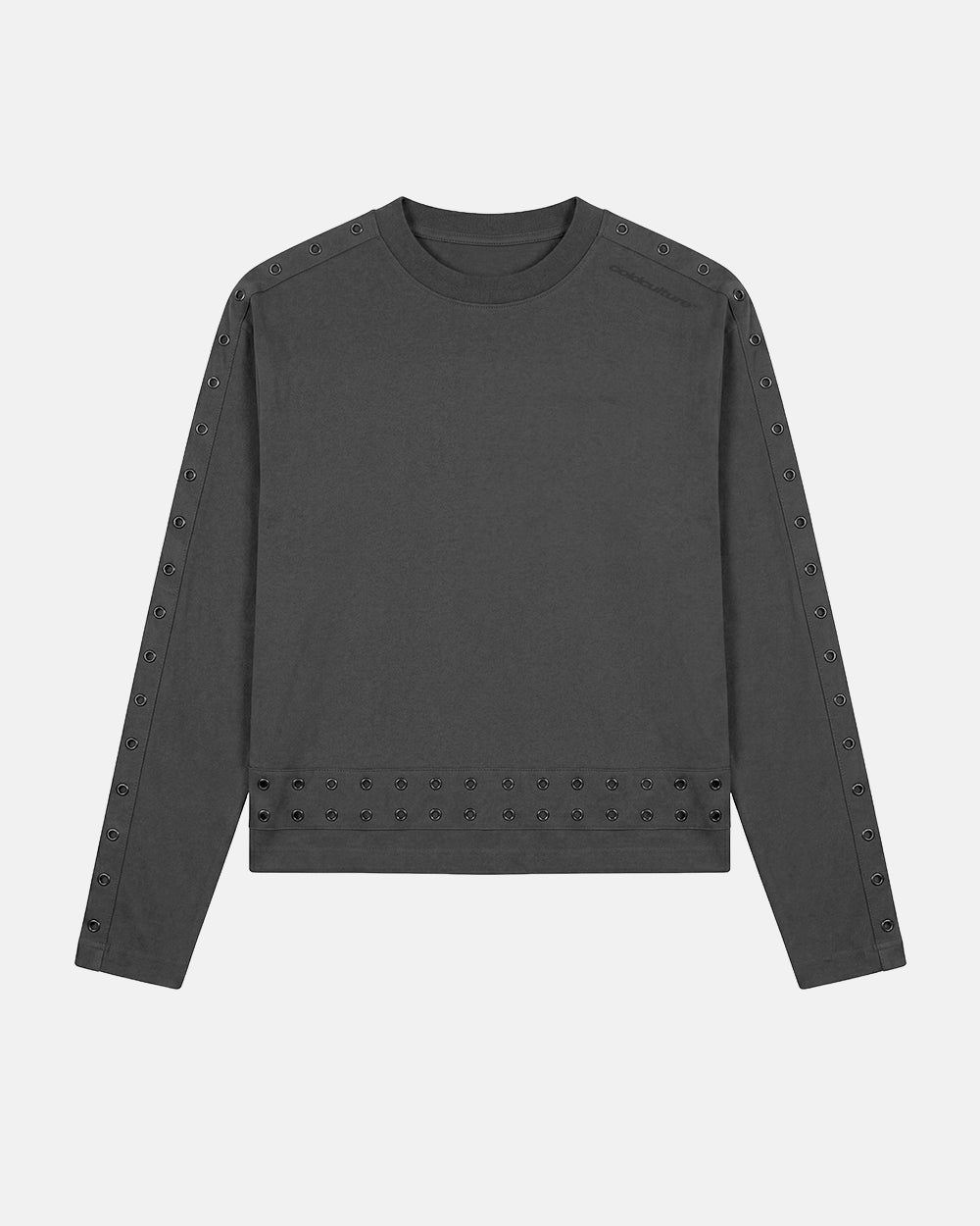 EYELET LONGSLEEVE BLACK - washed black eyelet longsleeve tee, front view - Cold Culture #packshot