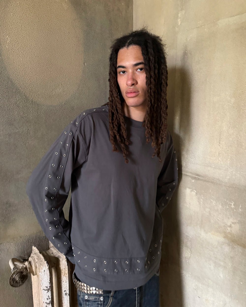 EYELET LONGSLEEVE BLACK - washed black eyelet longsleeve tee, street style shot - Cold Culture