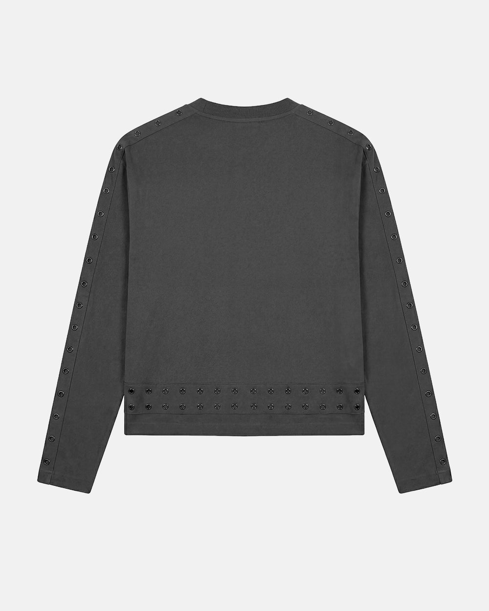 EYELET LONGSLEEVE BLACK - washed black eyelet longsleeve tee, back view - Cold Culture #packshot
