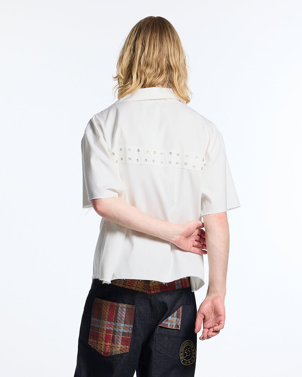 EYELET SHIRT OFF WHITE - off white eyelet shirt, back view on male model - Cold Culture #man