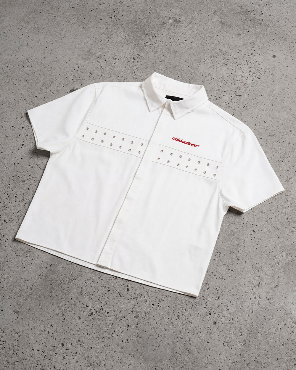 EYELET SHIRT OFF WHITE - off white eyelet shirt, flat lay - Cold Culture