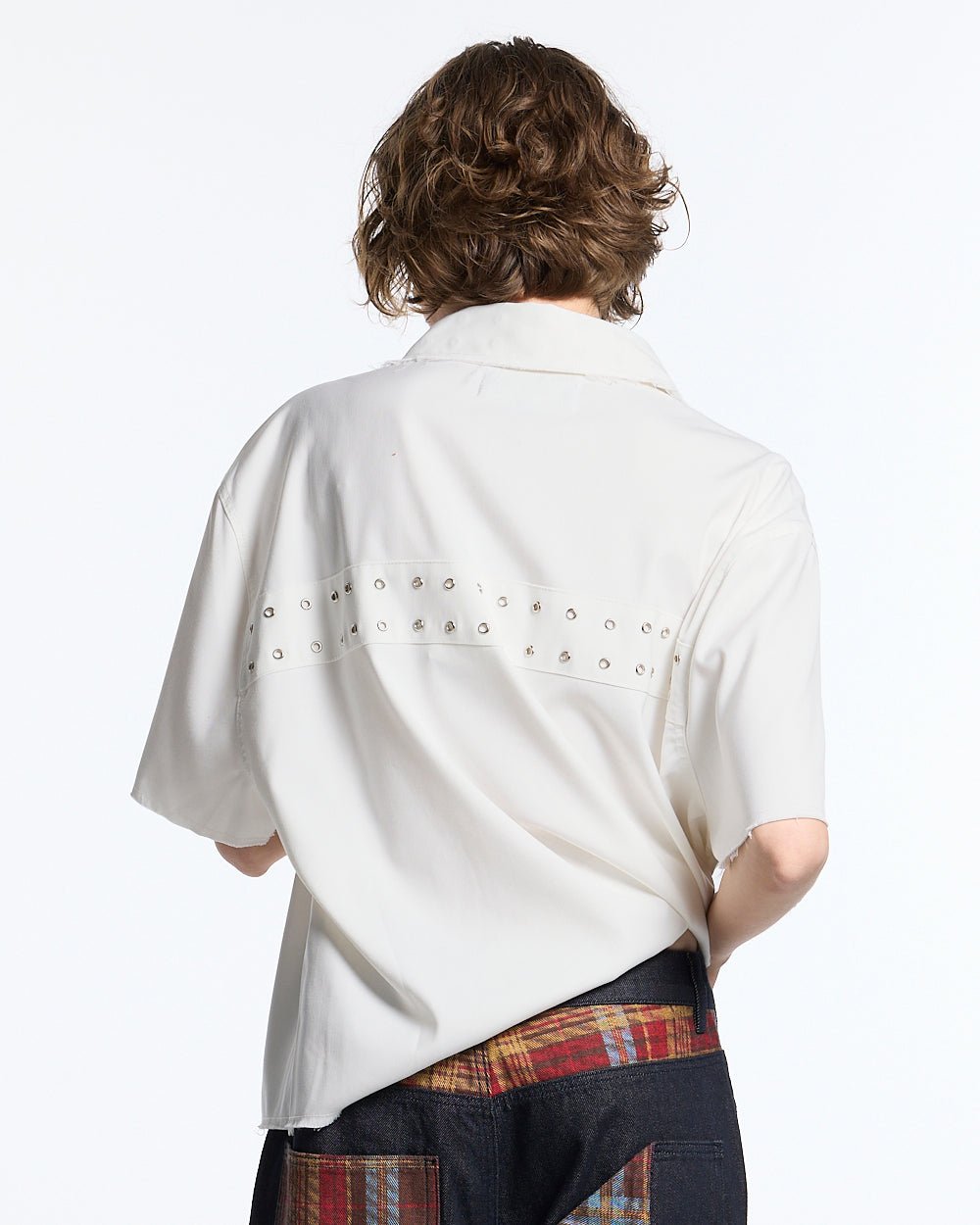 EYELET SHIRT OFF WHITE - off white eyelet shirt, back view on female model - Cold Culture #woman