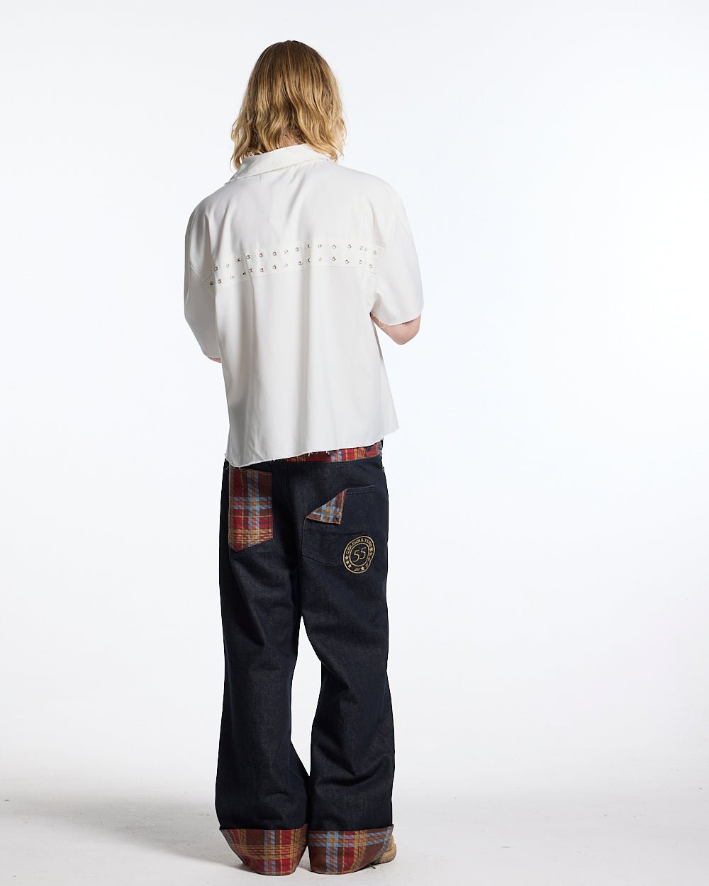 EYELET SHIRT OFF WHITE - off white eyelet shirt, back view on male model - Cold Culture #man
