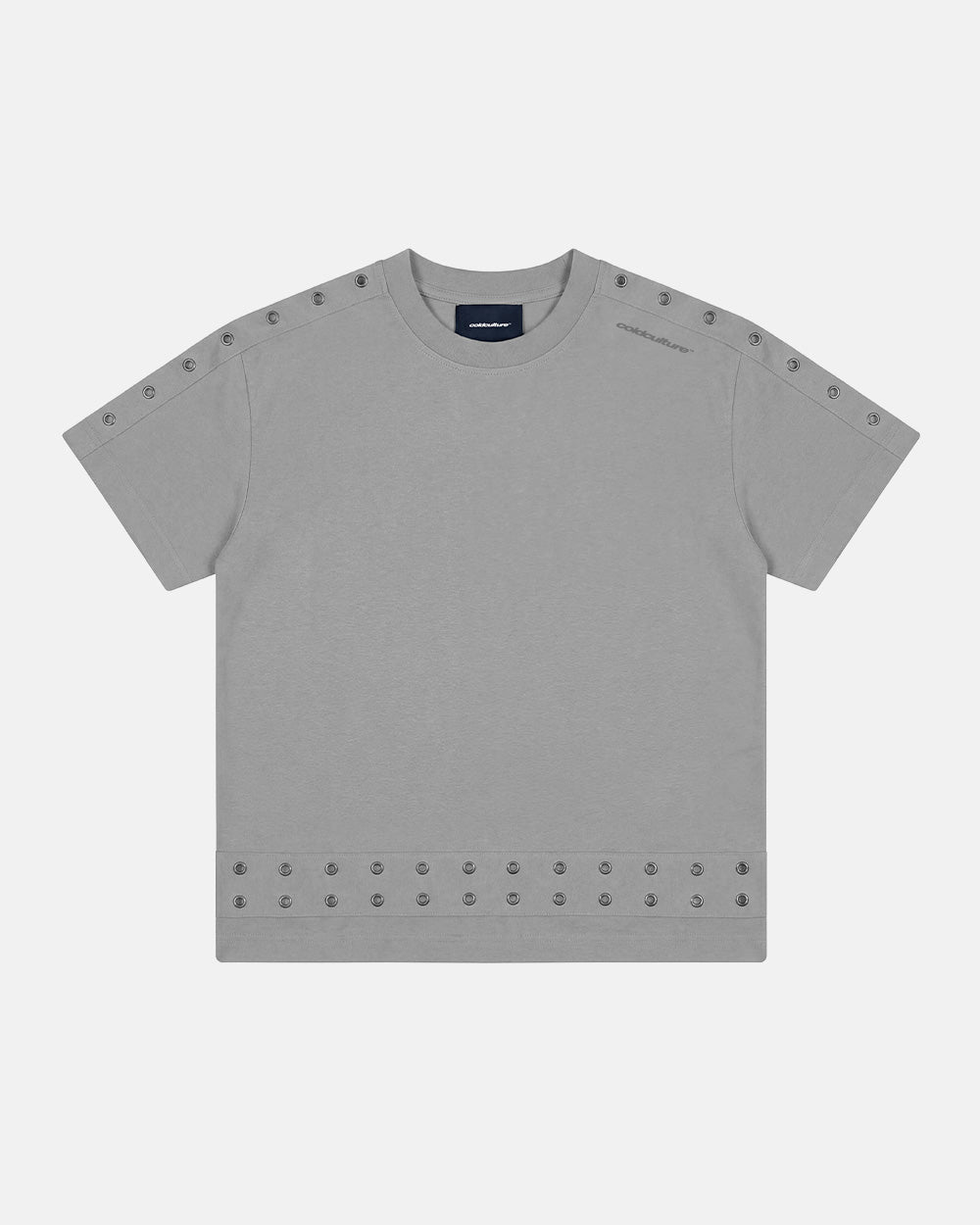 EYELET TEE LIGHT GREY - light grey eyelet tee, front view - Cold Culture #packshot