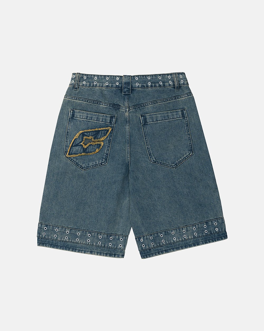 EYELET V2 SHORT DENIM - washed blue denim shorts, back view - Cold Culture #packshot