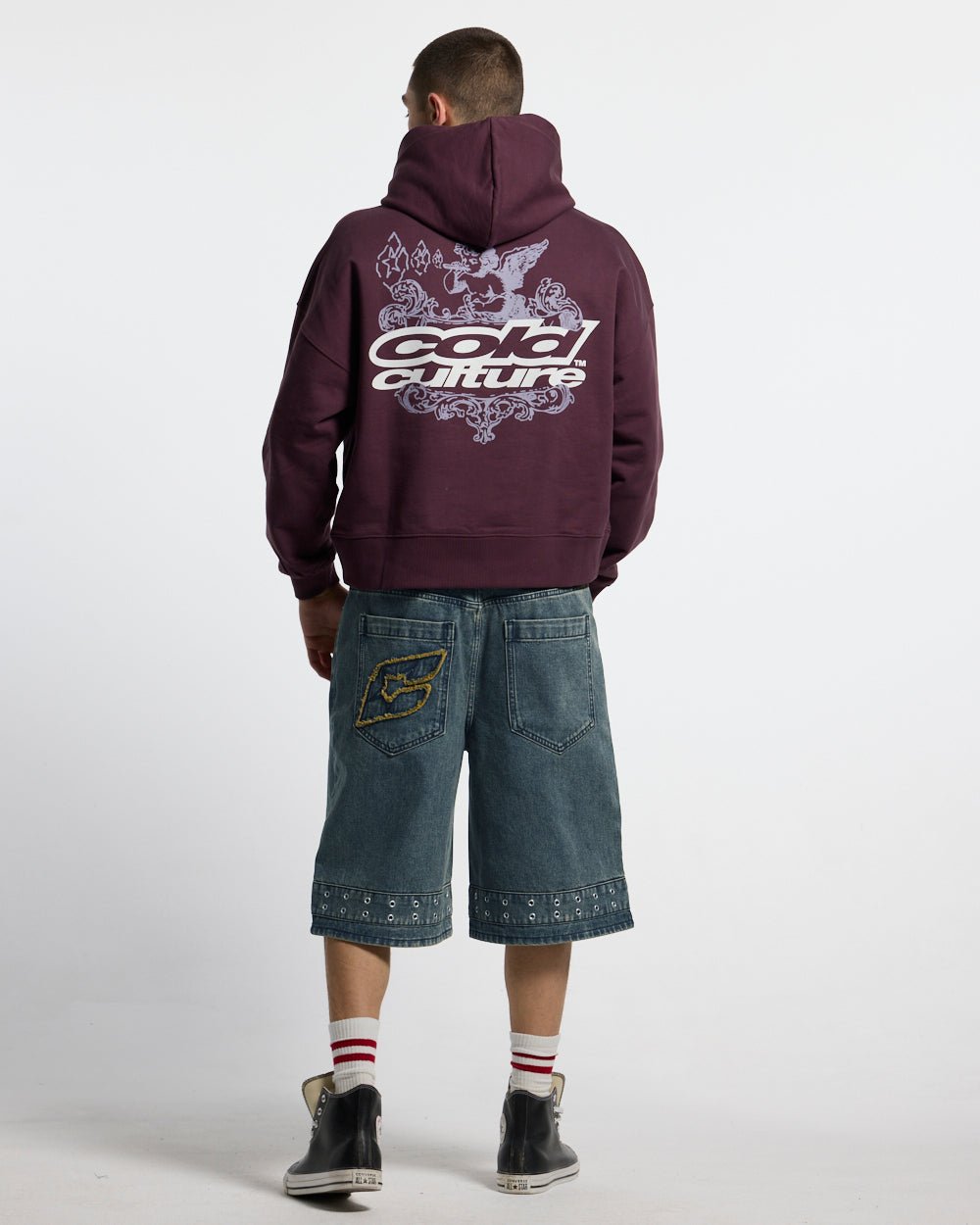 EYELET V2 SHORT DENIM - washed blue denim shorts, back view on male model - Cold Culture