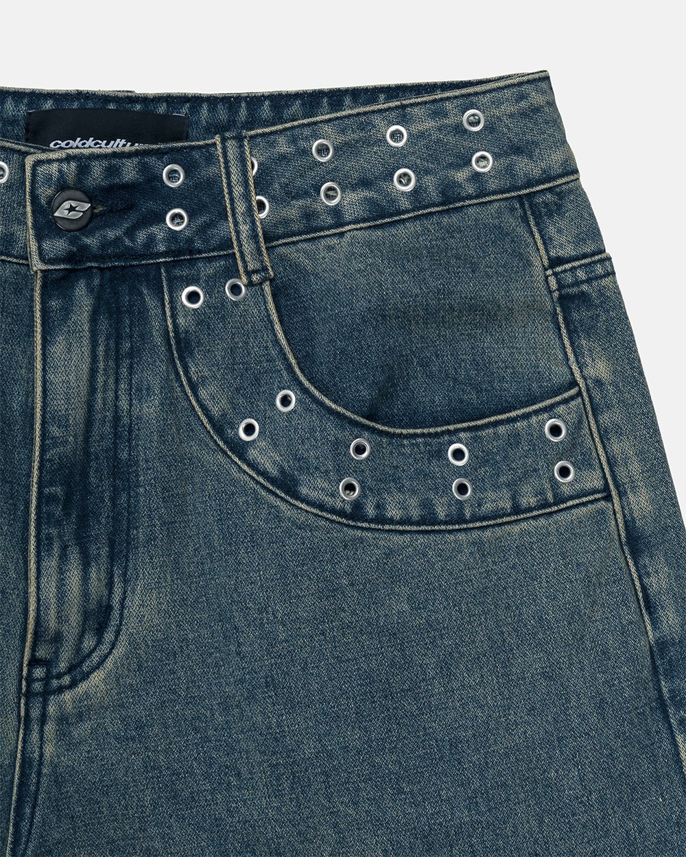 EYELET V2 SHORT DENIM - washed blue denim shorts, detail close-up - Cold Culture