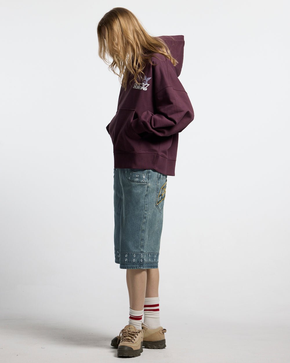 EYELET V2 SHORT DENIM - washed blue denim shorts, side view - Cold Culture #woman