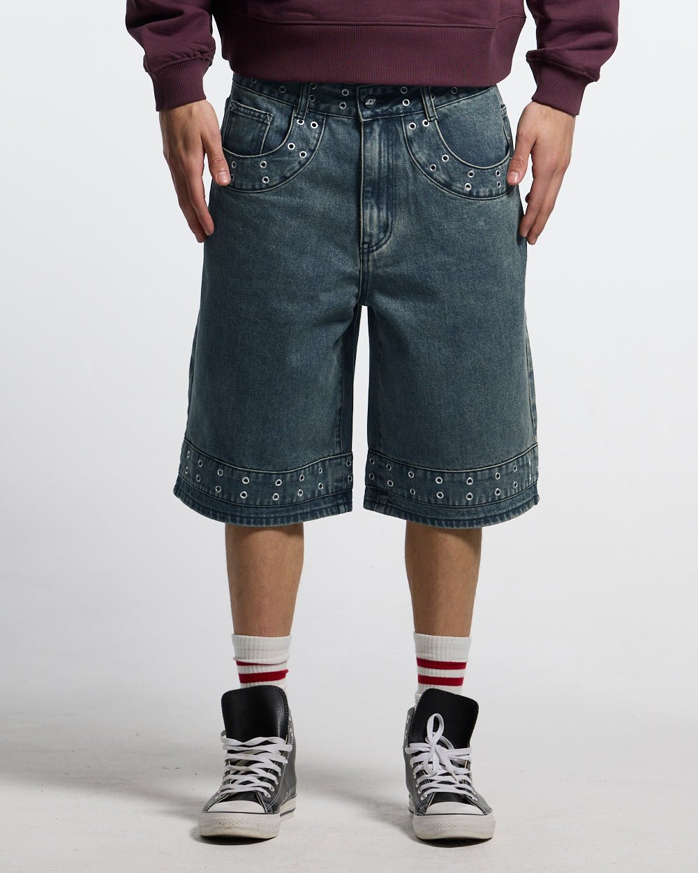 EYELET V2 SHORT DENIM - washed blue denim shorts, front view on male model - Cold Culture