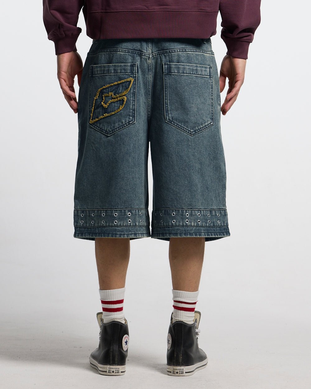 EYELET V2 SHORT DENIM - washed blue denim shorts, back view on male model - Cold Culture