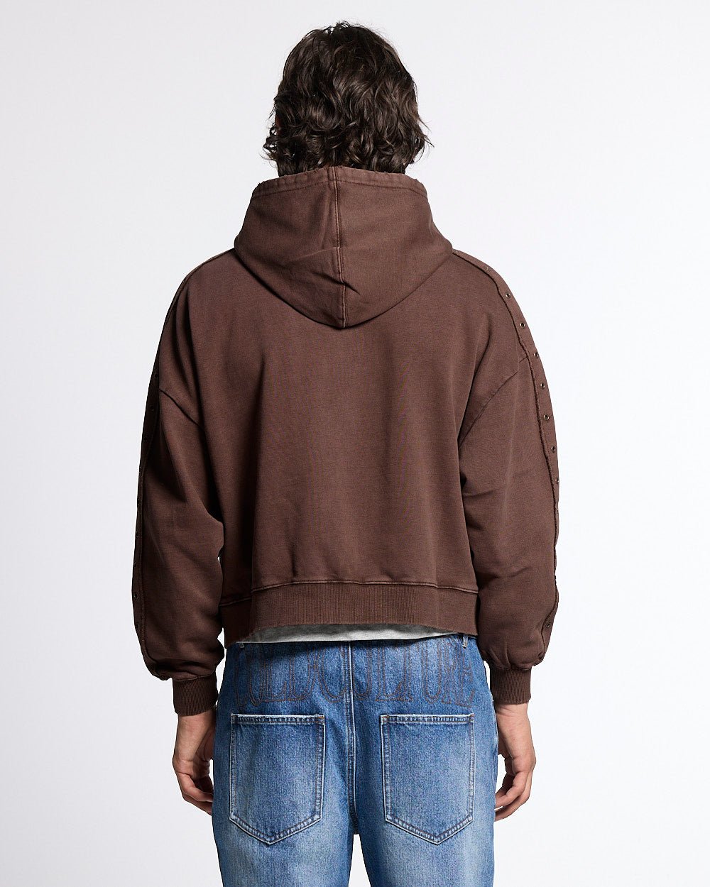EYELET ZIP HOODIE BROWN - washed brown zip-up hoodie, back view on male model - Cold Culture #man