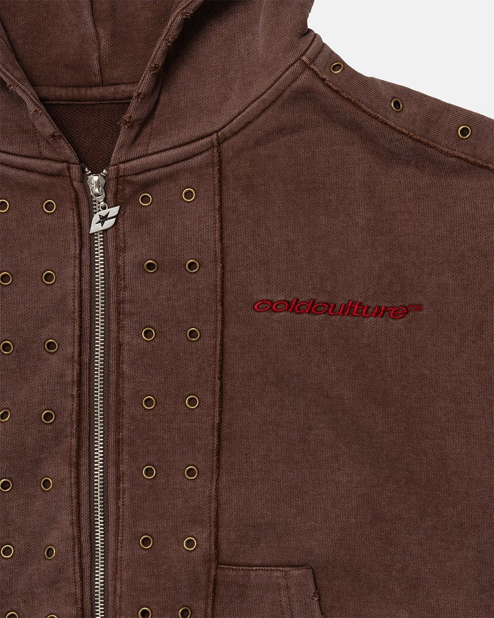 EYELET ZIP HOODIE BROWN - washed brown zip-up hoodie, detail close-up - Cold Culture