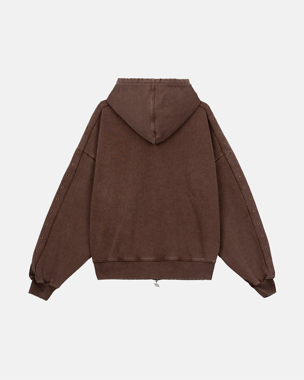 EYELET ZIP HOODIE BROWN - washed brown zip-up hoodie, back view - Cold Culture #packshot
