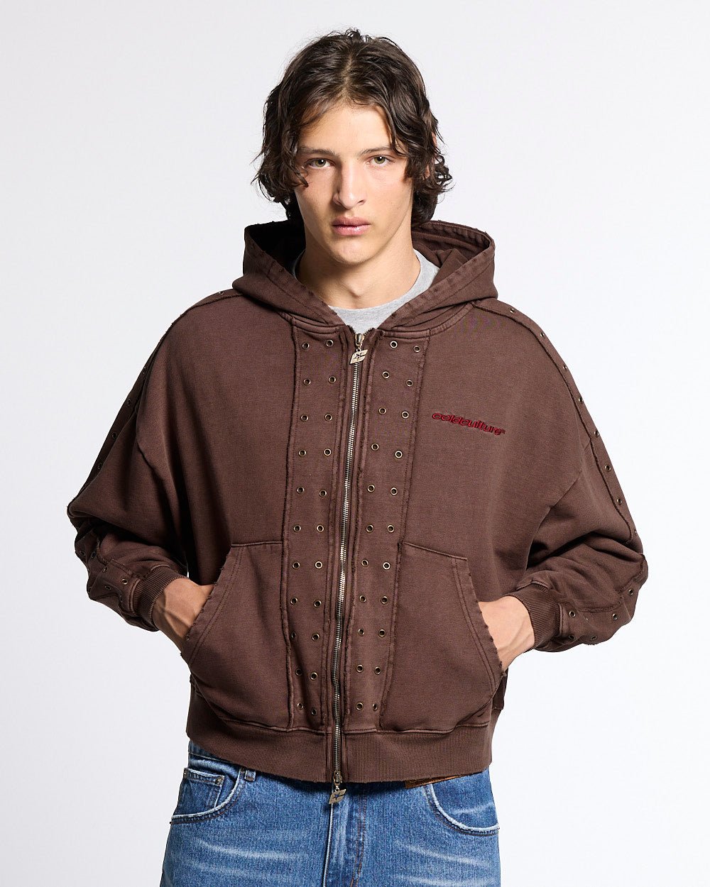 EYELET ZIP HOODIE BROWN - washed brown zip-up hoodie, front view on male model - Cold Culture #man