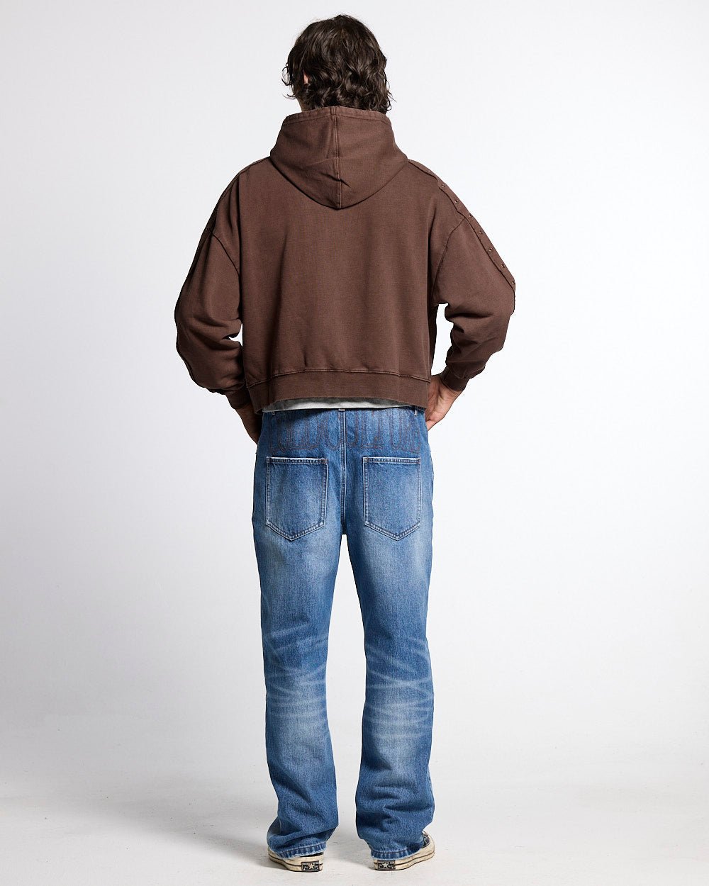 EYELET ZIP HOODIE BROWN - washed brown zip-up hoodie, back view on male model - Cold Culture #man