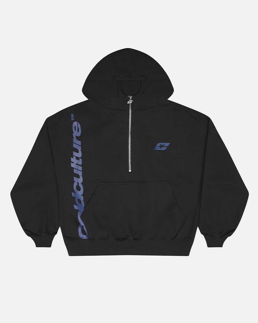 FADED AGE BUZO BLACK & BLUE - black half-zip hoodie, front view - Cold Culture #packshot