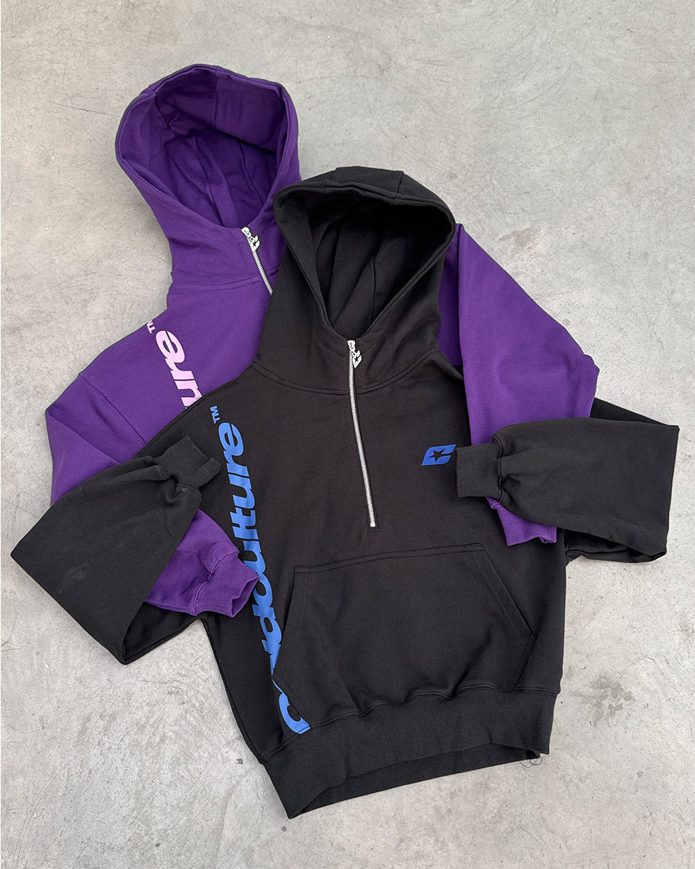 FADED AGE BUZO BLACK & BLUE - black half-zip hoodie, flat lay with matching pieces - Cold Culture