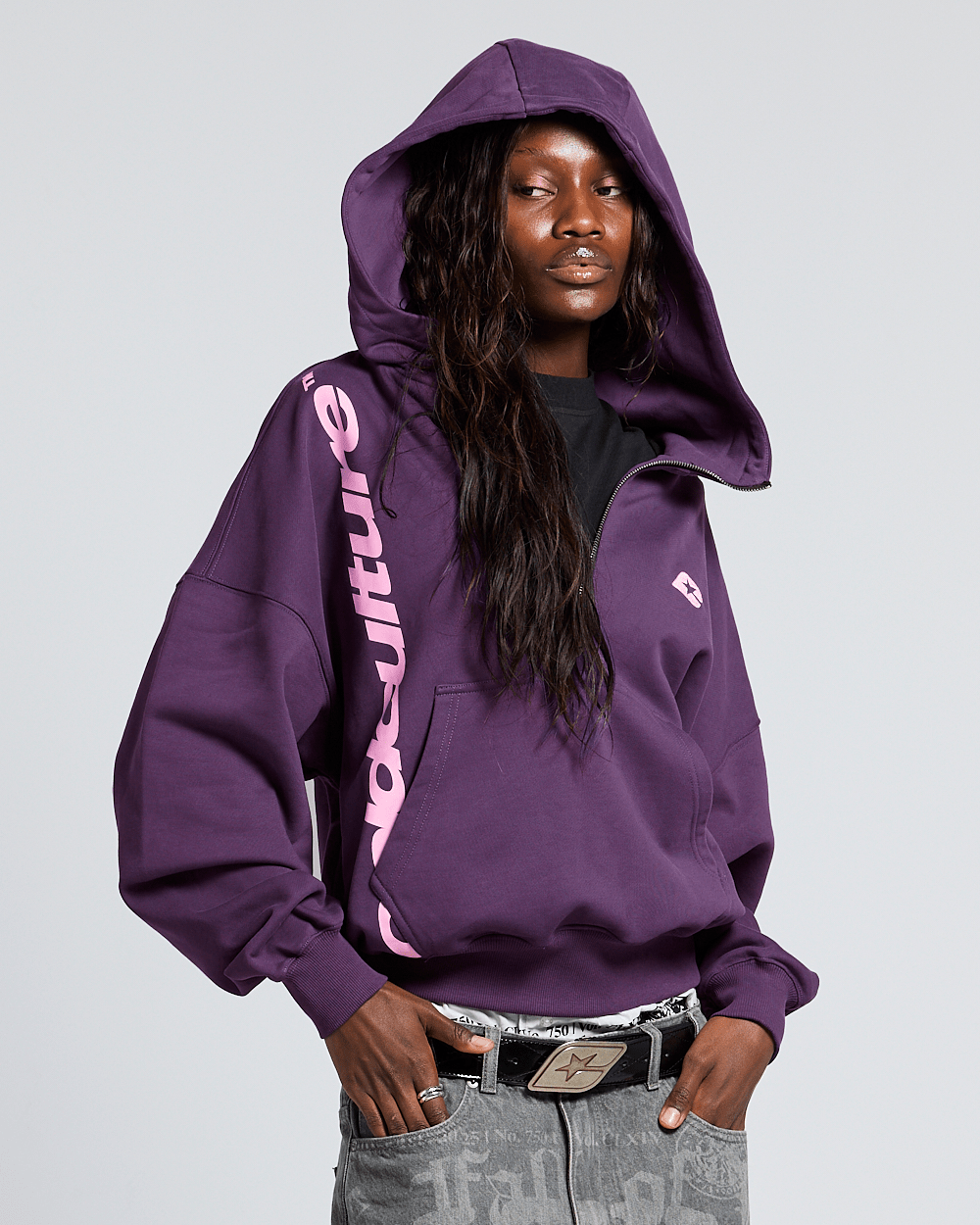 FADED AGE BUZO PURPLE - purple half-zip hoodie, front view on female model - Cold Culture #woman